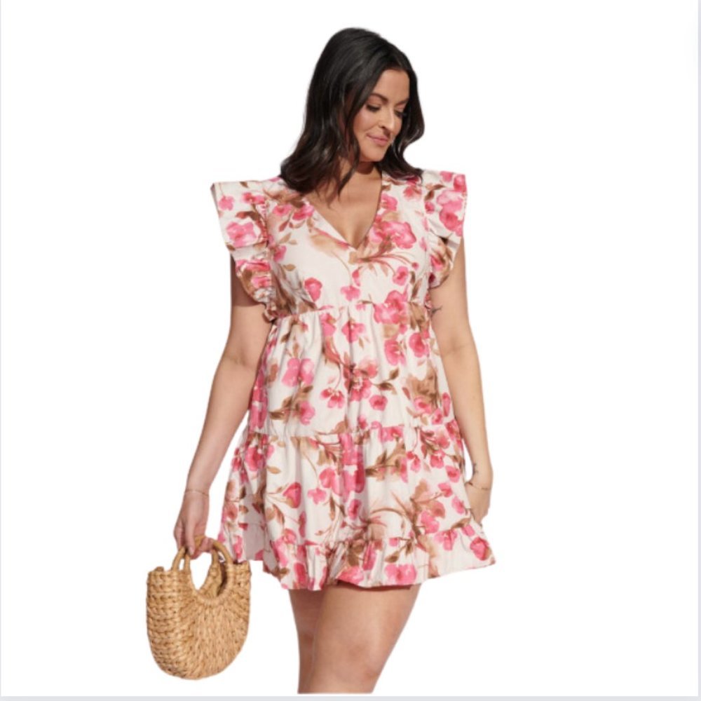 Abercrombie & Fitch Tia Booth Flutter Sleeve Mini Dress Floral Cream Pink Large